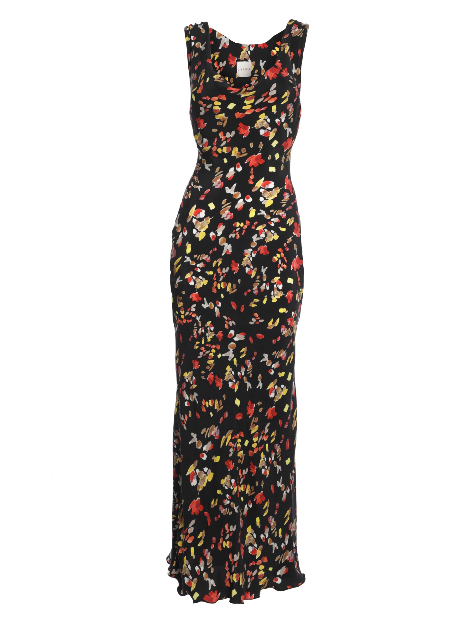 Woman long black soft dress in floral pattern without sleeves with square neckline and ties at the waist. Black, red and yellow color. 100% cupro, made in Italy. Buy online!