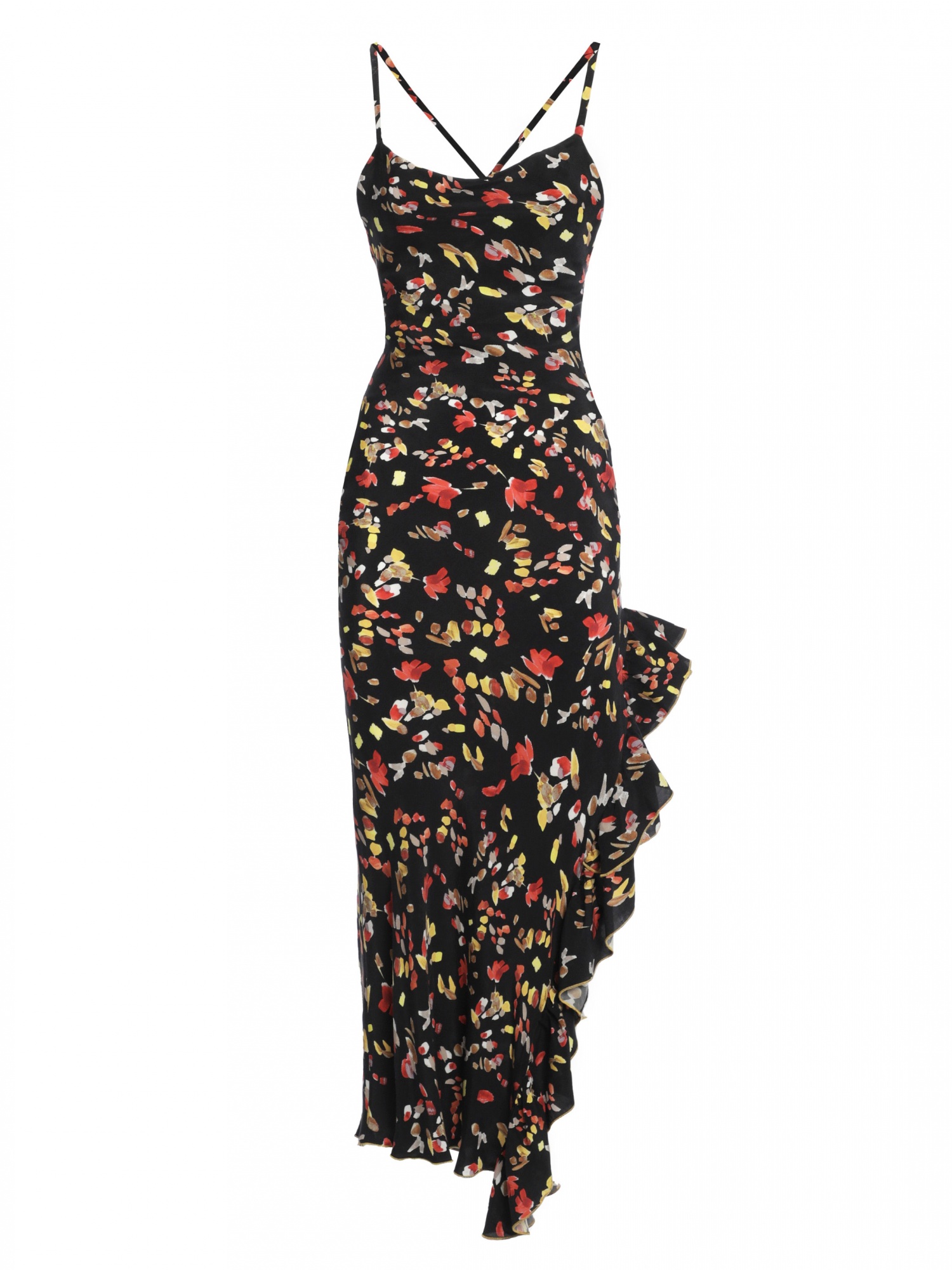 Woman black midi dress in floral pattern with slit with gathered flounces, back outside and laces. Black, red and yellow color. 100% cupro, made in Italy. Buy online!